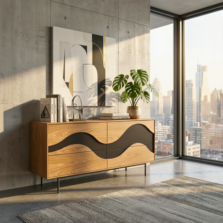 Architectural Wave Front Sideboard Cabinet, Modern Storage Credenza for Modern Interiors