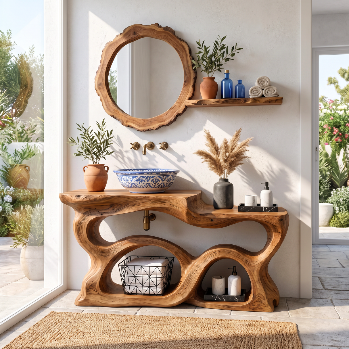 Bathroom Vanity Solid Wood with Sculptural Multi Arch Storage for Bathroom