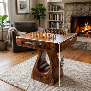 Handcrafted Solid Wood Chess Table with Storage Drawer and Sculptural Pedestal Base
