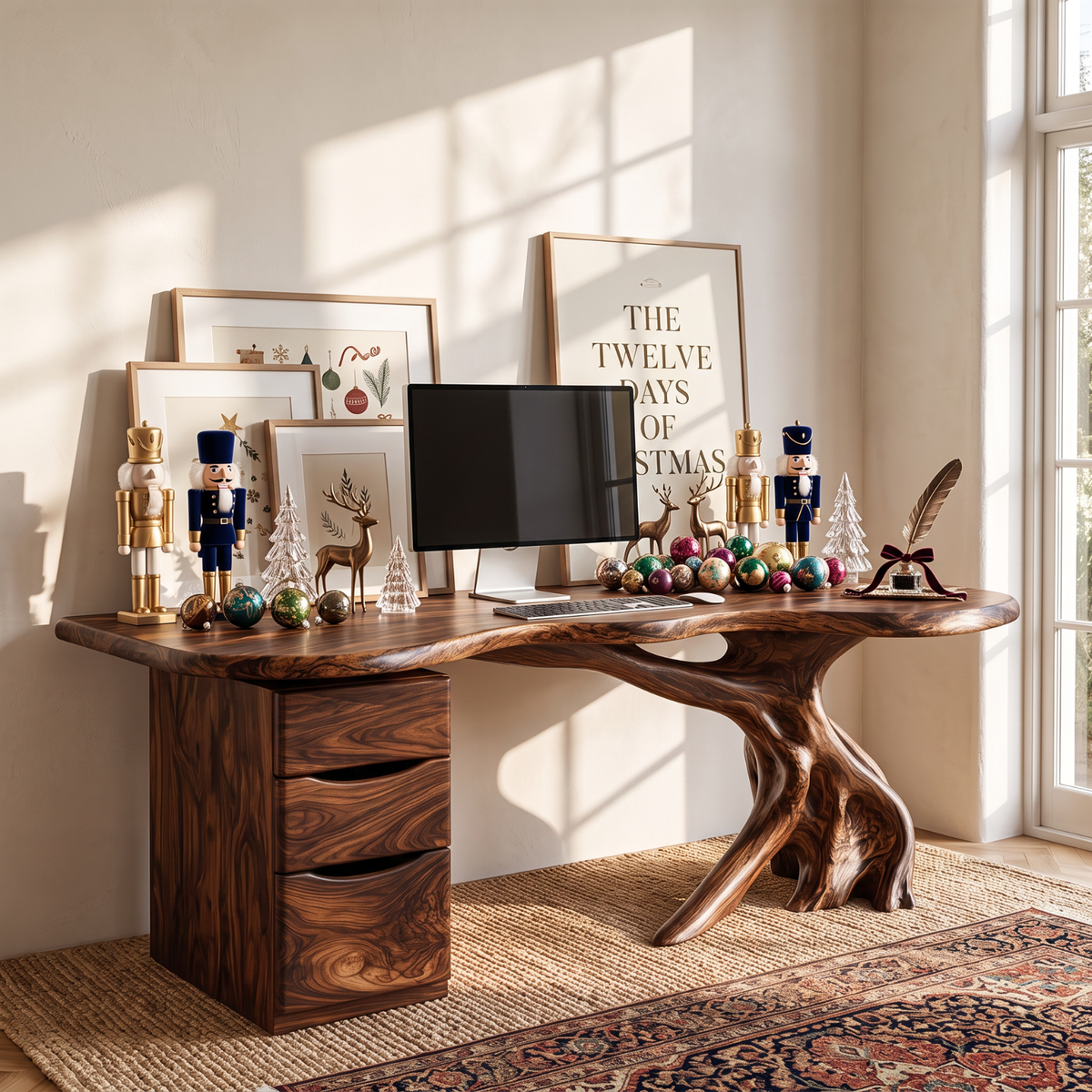 Live Edge Solid Wood Desk with Sculptural Tree Base and Three Drawer Storage