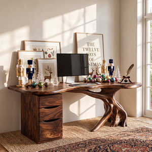 Live Edge Solid Wood Desk with Sculptural Tree Base and Three Drawer Storage