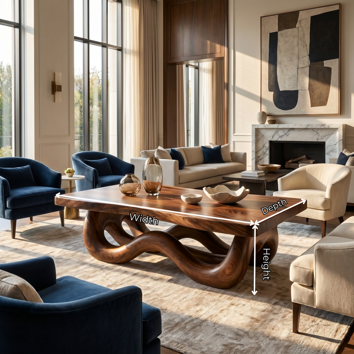 Solid Wood Coffee Table with Ribbon-Like Sculptural Base