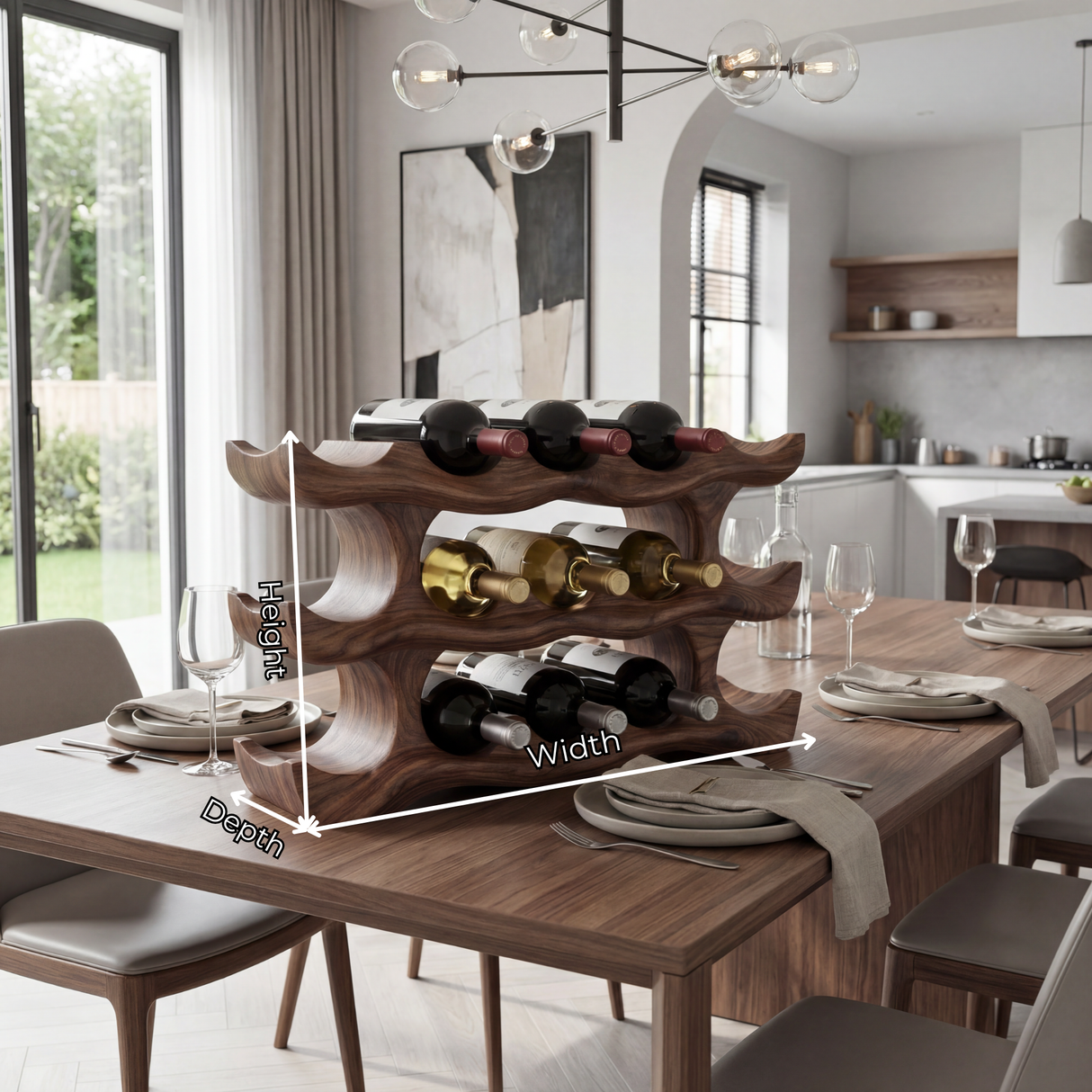 Layered Wave Sculptural Solid Wood Wine Rack Horizontal Bottle Holder for Tabletop Storage