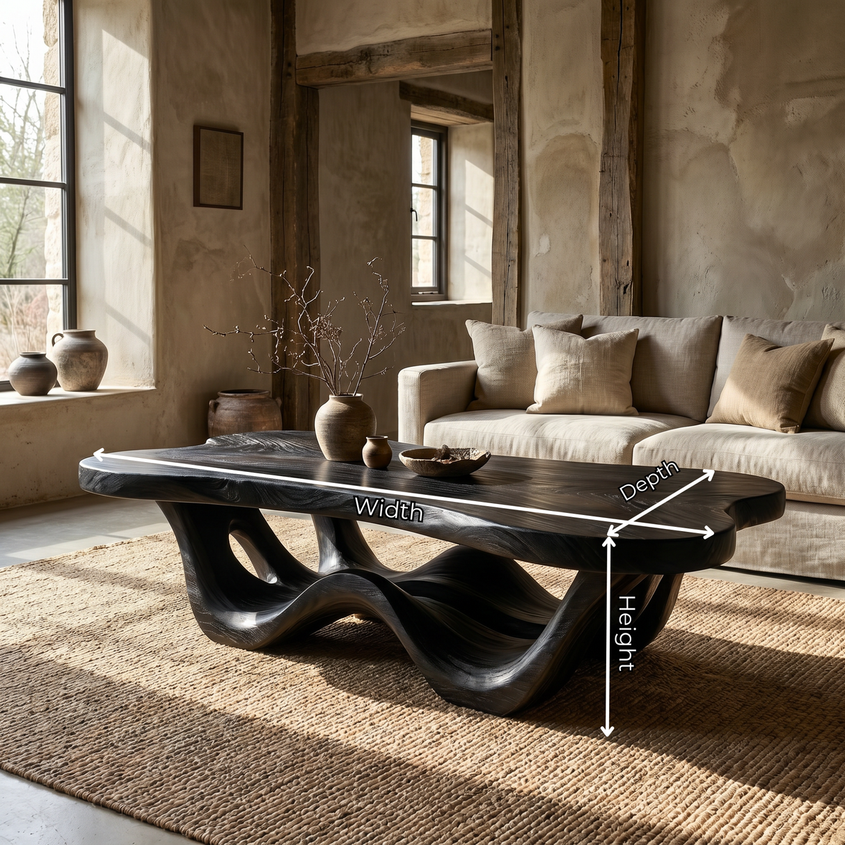 Handcrafted Solid Wood Coffee Table with Waveform Open Base