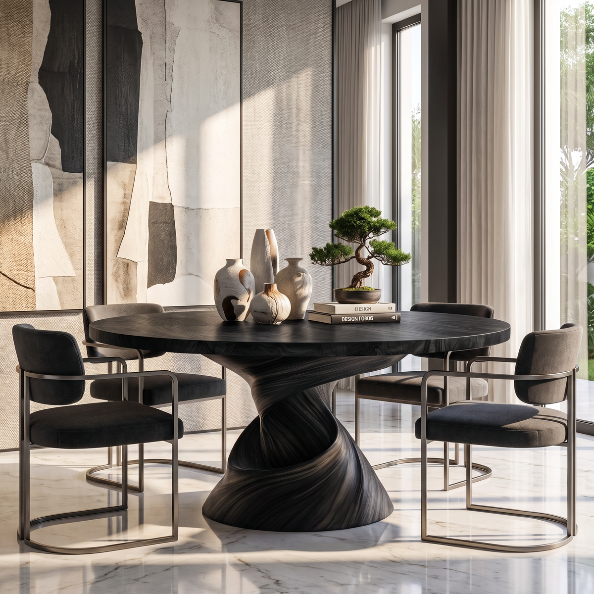 Dining Table with Helix Inspired Base and Solid Wood Surface
