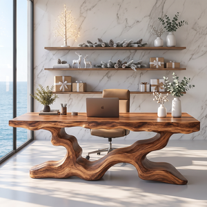 Sculptural Solid Wood Executive Desk with Organic Branch Base and Live Edge Top