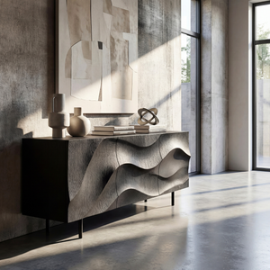 Black Sculpted Wave Front Sideboard Cabinet for Modern Living and Dining