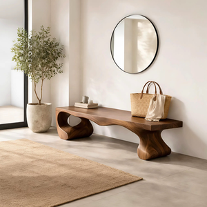 Organic Solid Wood Entryway Bench with Sculptural Open Base for Modern Mediterranean Interiors