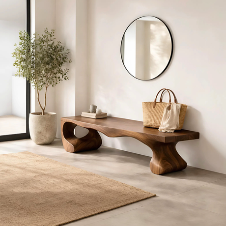 Organic Solid Wood Entryway Bench with Sculptural Open Base for Modern Mediterranean Interiors