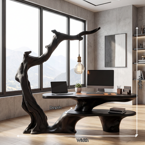 Sculptural Work Desk Tree Inspired Design with Hanging Lamp Organic Modern Workspace Table