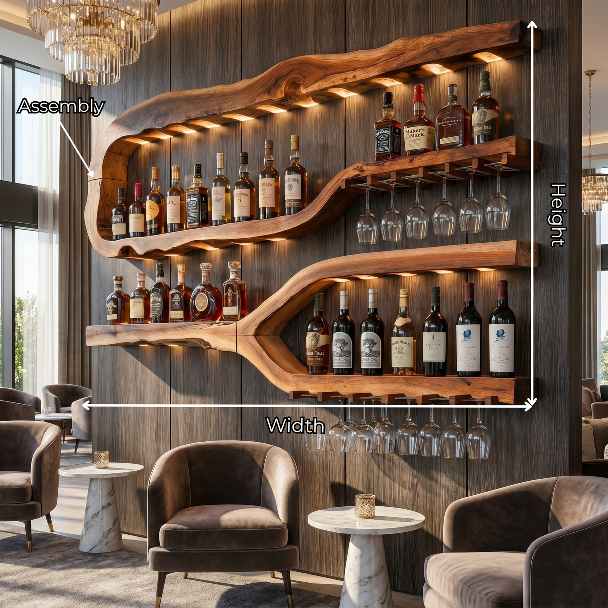 Luxury Solid Wood Wine Rack Wall Shelf With Glass Holder