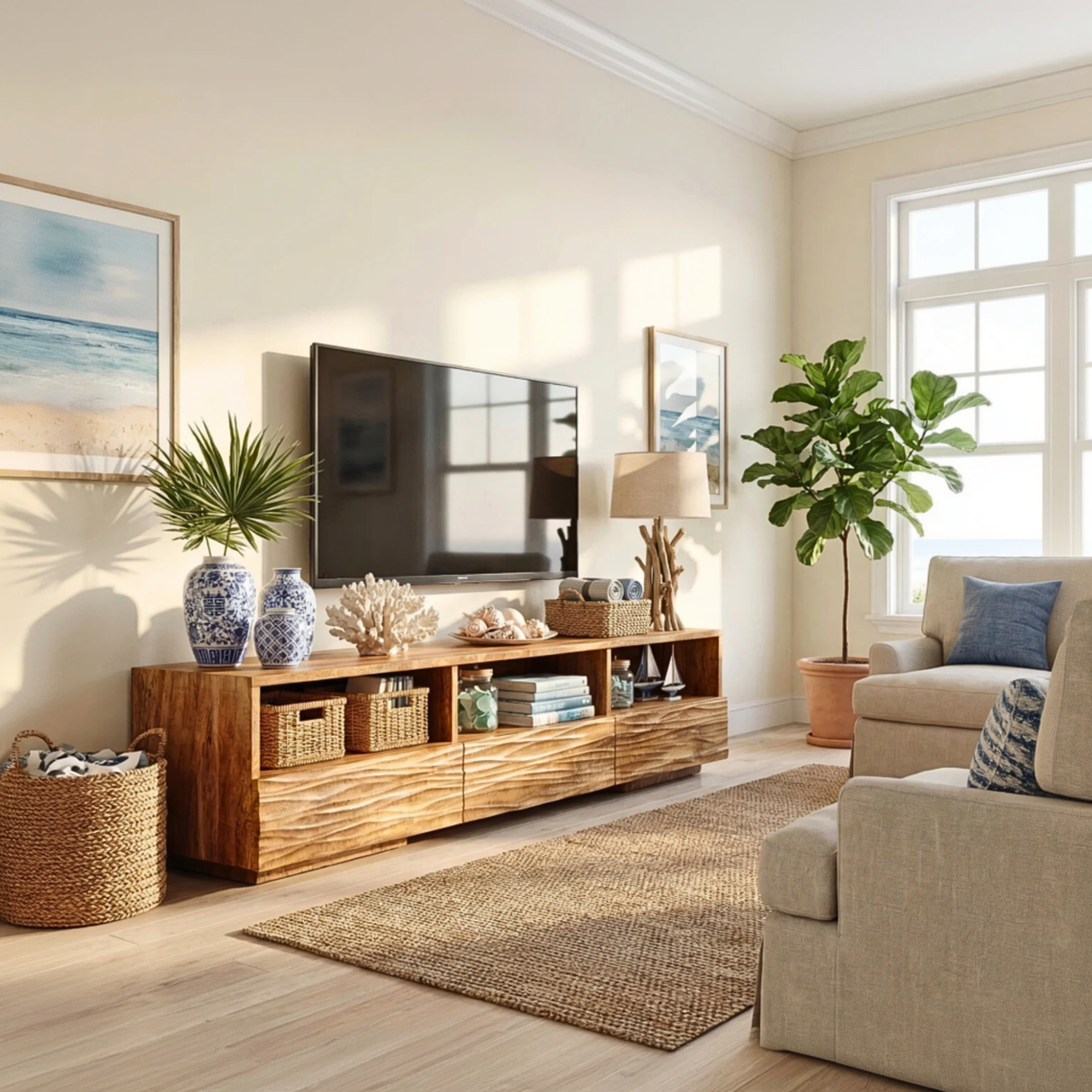 Sculptural Wood TV Cabinet with Carved Wave Front for Coastal Modern Interiors