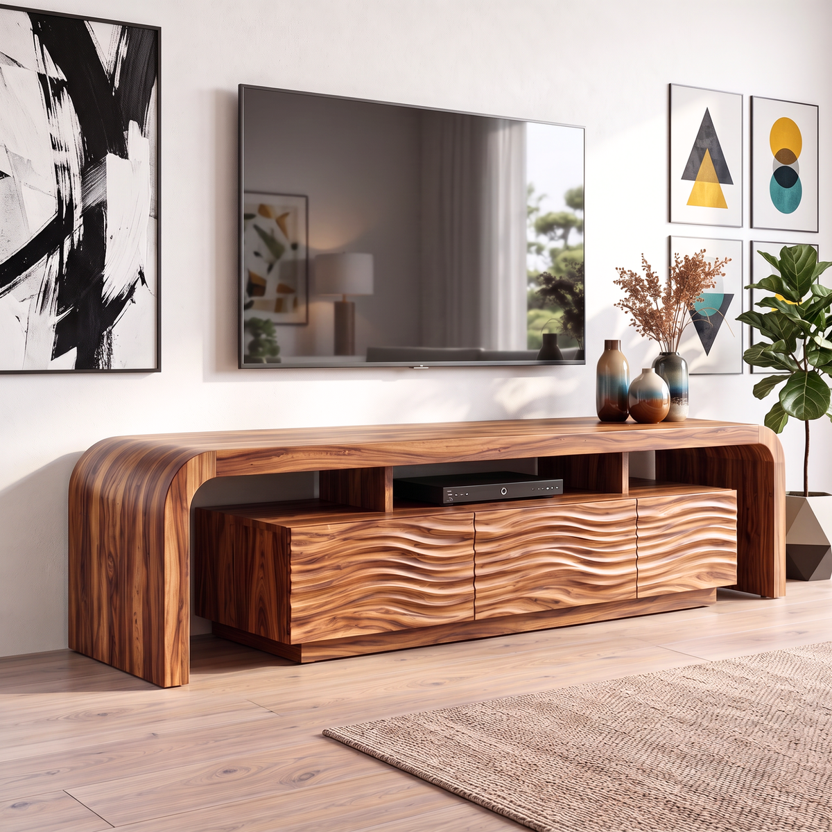 TV Stand with Waterfall Edge Frame and Sculpted Ripple Cabinet Doors