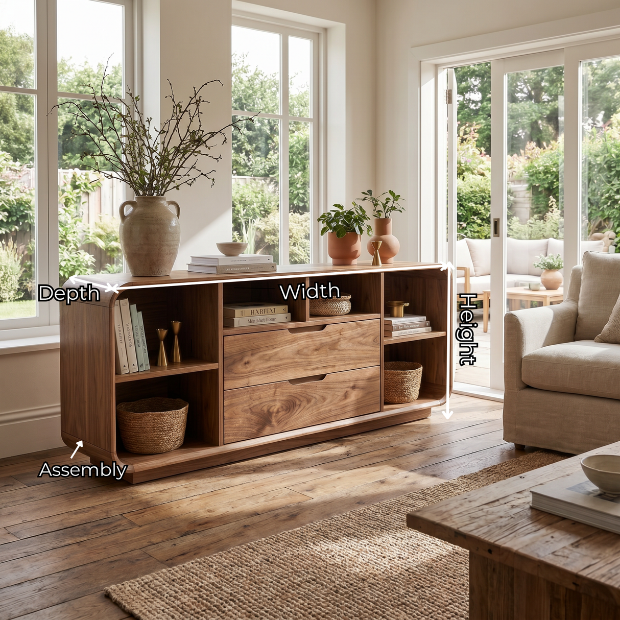 Solid Wood Rounded Corner Sideboard with Drawers and Open Shelves