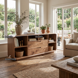 Solid Wood Rounded Corner Sideboard with Drawers and Open Shelves