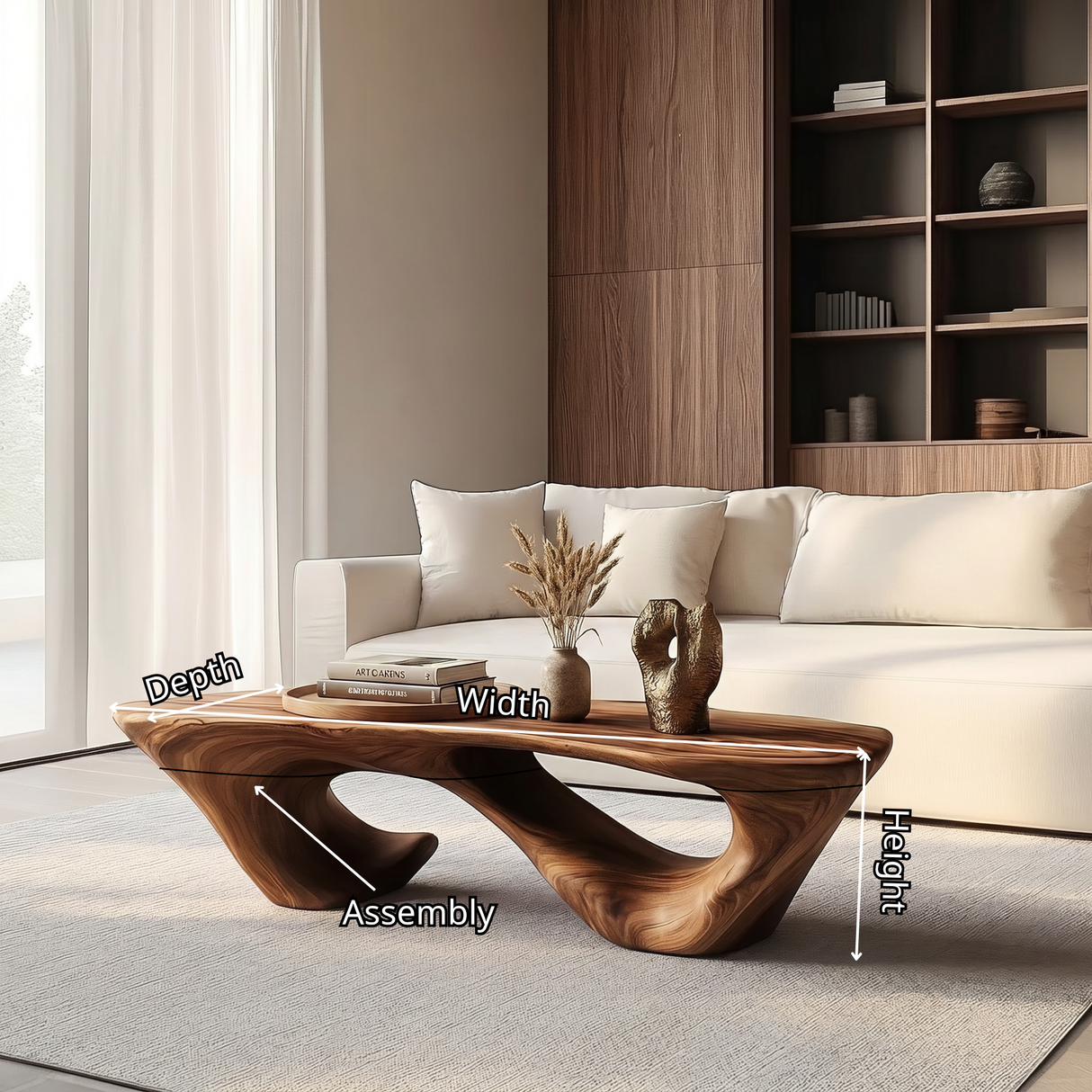Solid Wood Coffee Table with Double Hollow Sculptural Base for Living Room
