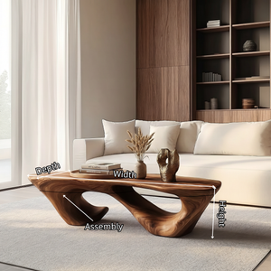 Solid Wood Coffee Table with Double Hollow Sculptural Base for Living Room