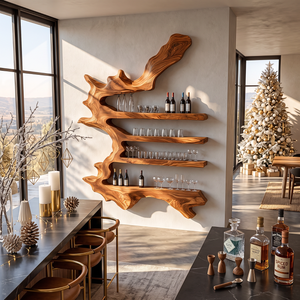 Branch Form Solid Wood Wall Wine Rack with Four Shelves