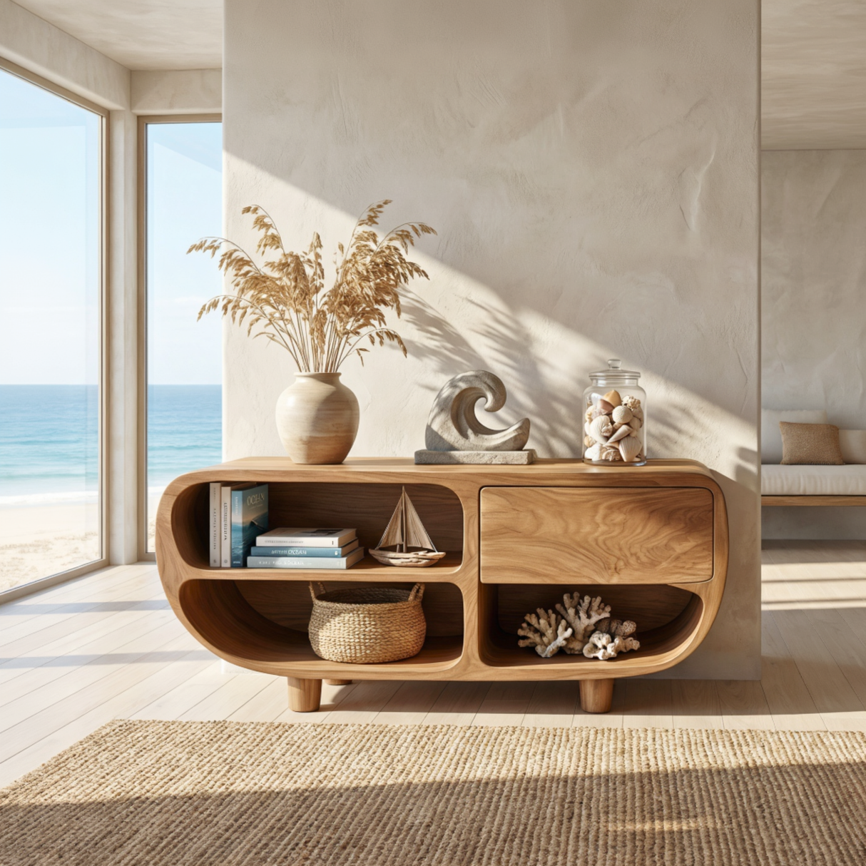 Solid Wood Sideboard with Rounded Open Shelves for Organic Modern Interiors