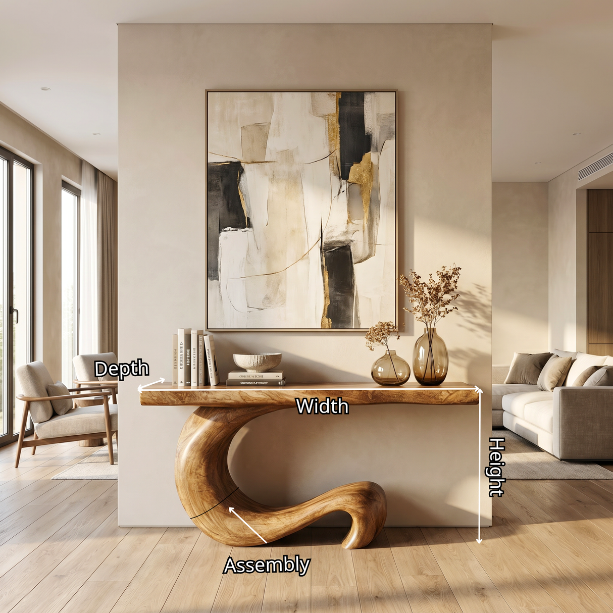 Console Table Solid Wood with Sculptural Curl Base for Entryway Decor
