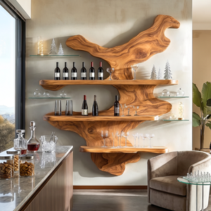 Organic Solid Wood Wine Rack with Floating Display Shelves and Sculptural Wall Form