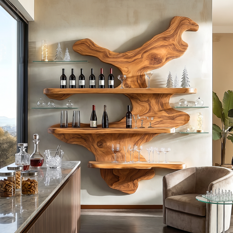 Organic Solid Wood Wine Rack with Floating Display Shelves and Sculptural Wall Form