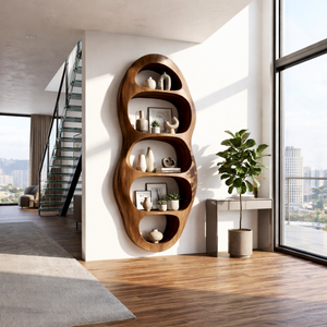 Vertical Organic Wood Bookcase with Sculpted Open Niches