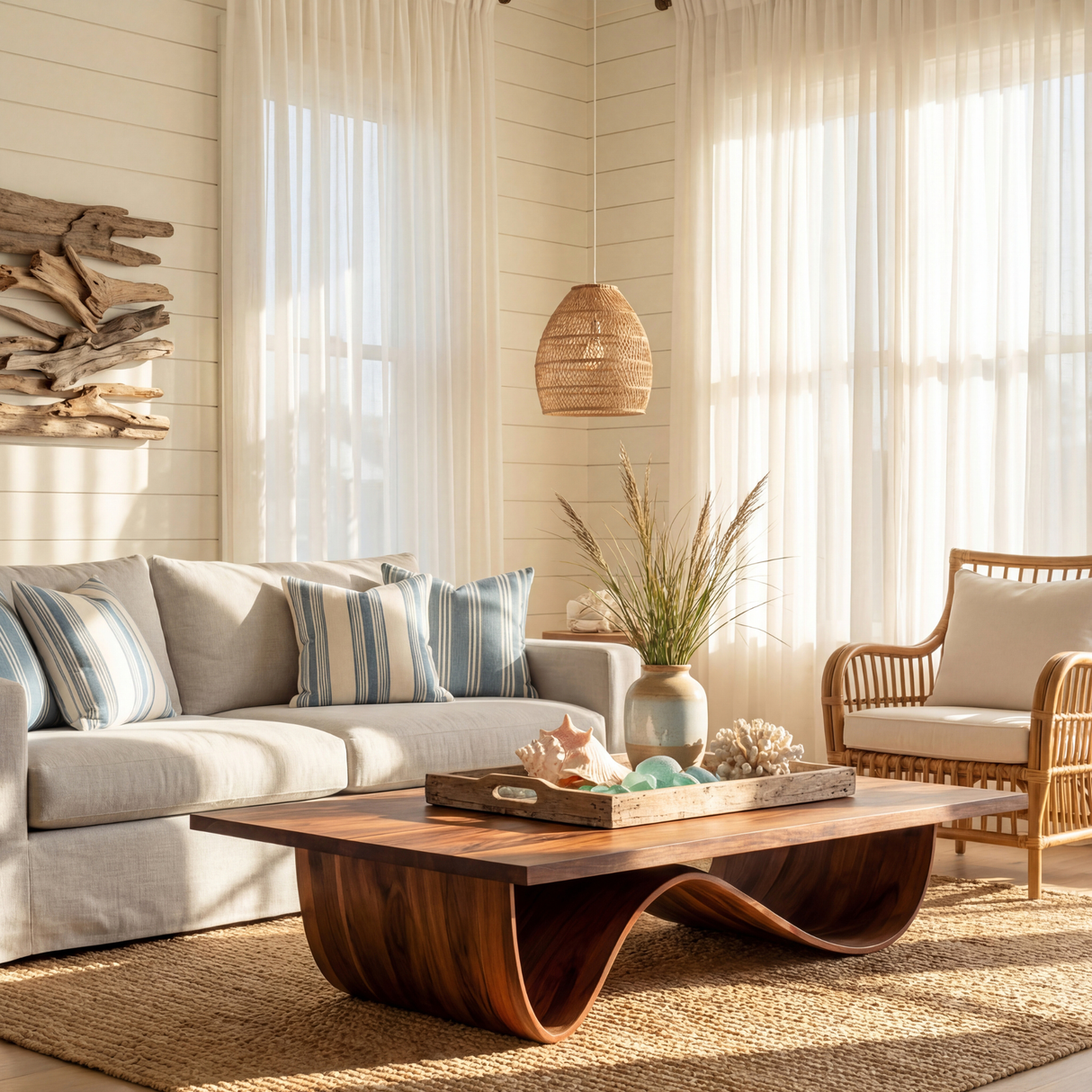 Sculptural Solid Wood Coffee Table with Curved Base