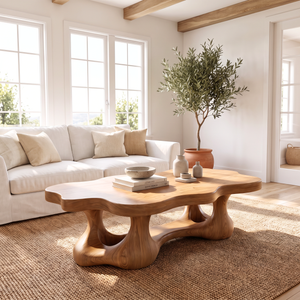 Coffee Table Solid Wood with Organic Double Loop Base for Living Room