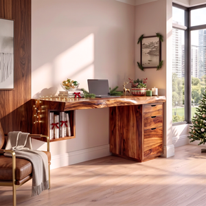 Solid Wood Desk With Drawers And Open Shelf For Home Office