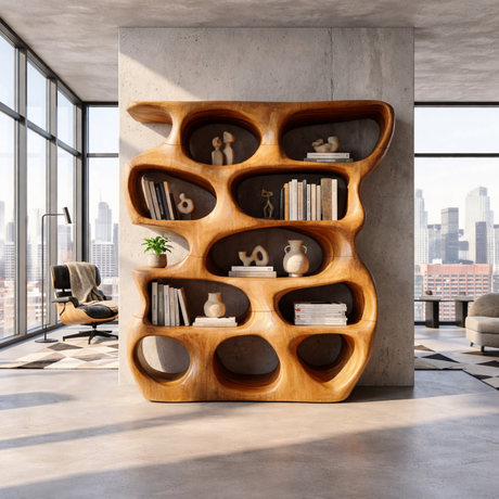 Abstract Organic Wood Display Shelf with Rounded Open Niches and Sculptural Form
