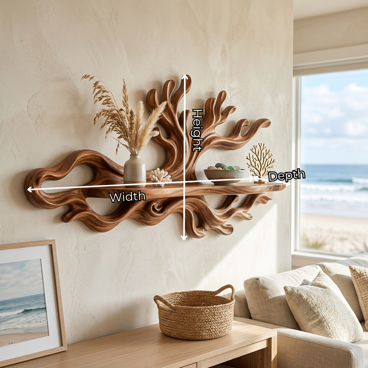 Organic Solid Wood Wave Crest Wall Shelf for Coastal Interiors