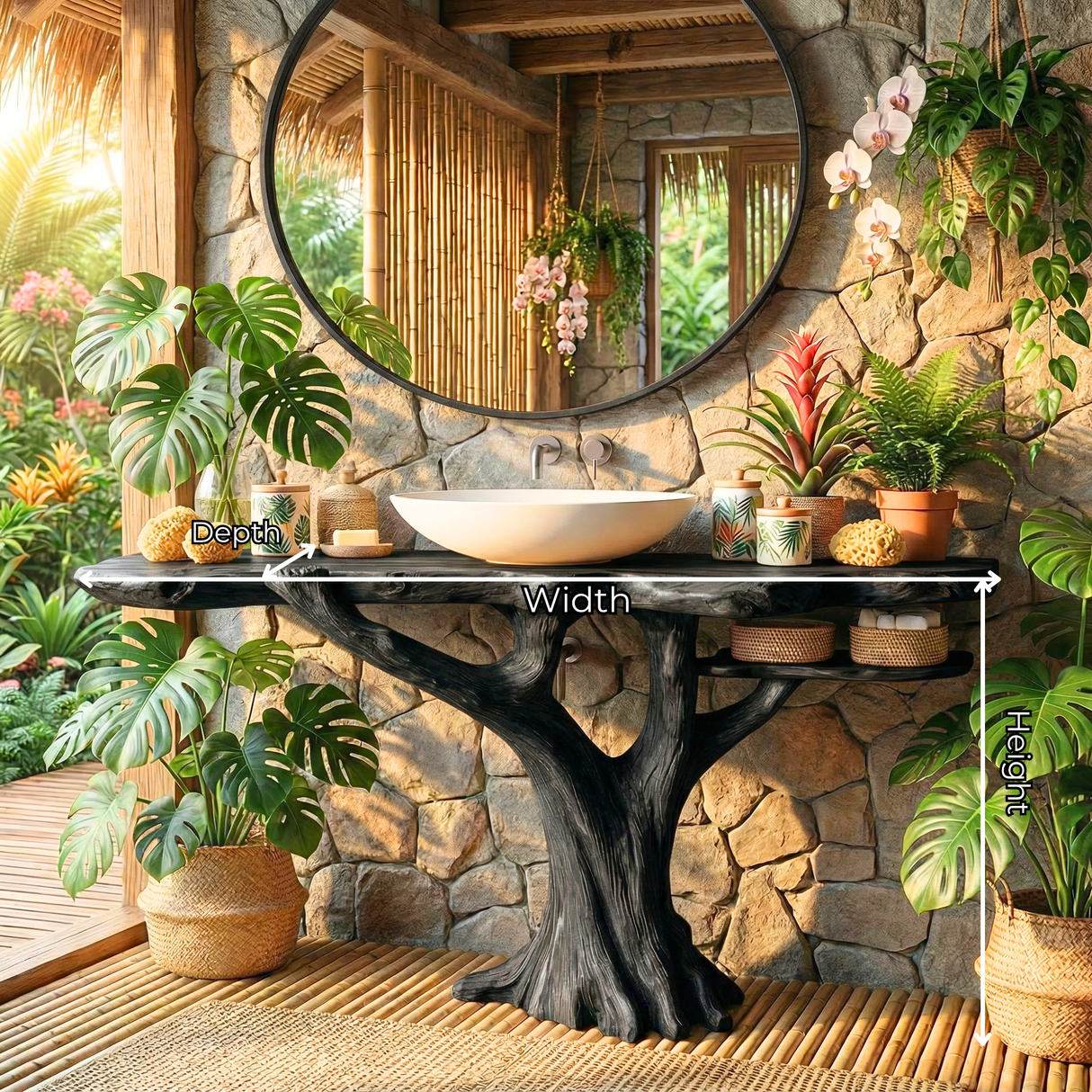 Handcrafted Solid Wood Bathroom Vanity with Tree Root Base and Side Shelf