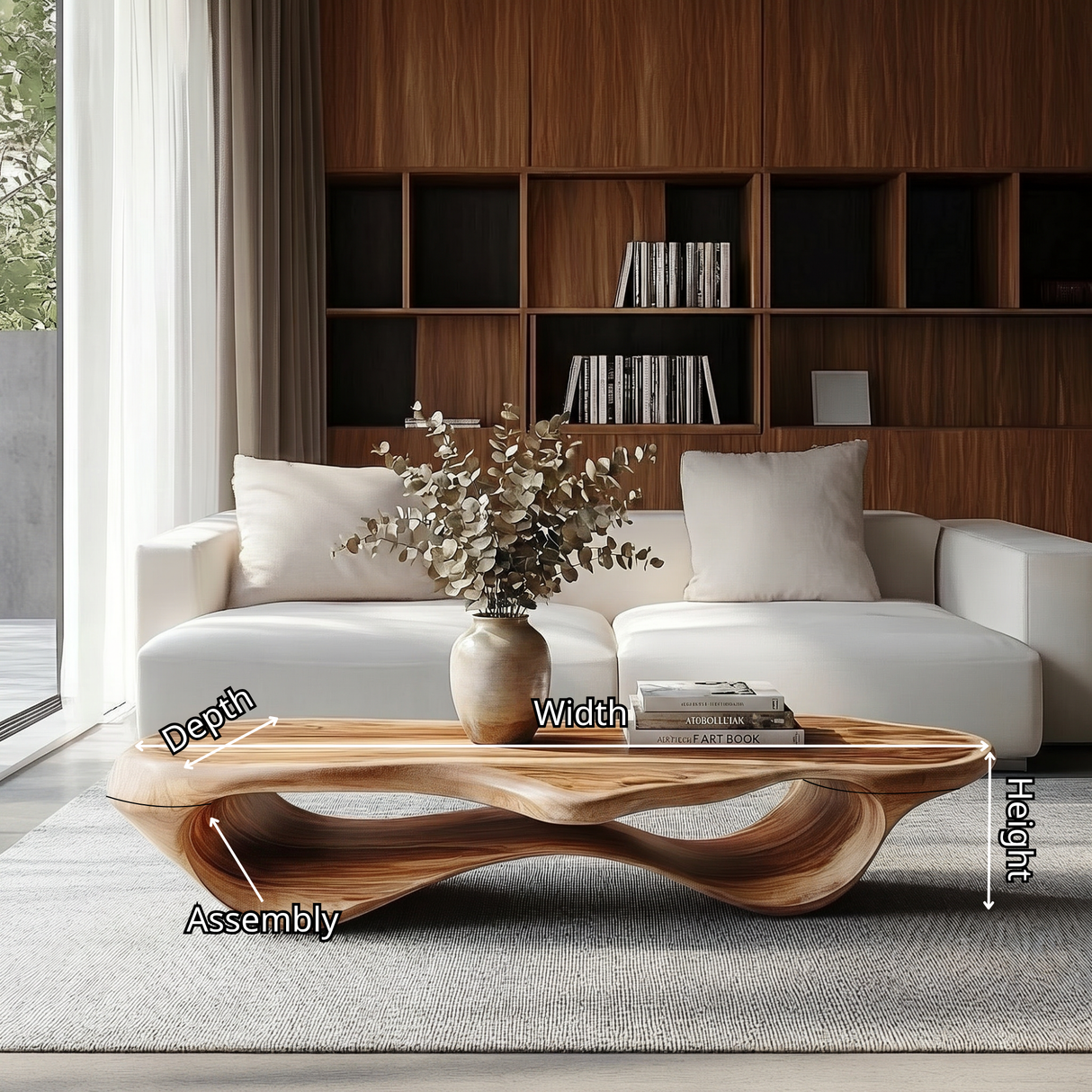 Handcrafted Organic Solid Wood Coffee Table with Continuous Hollow Wave Base