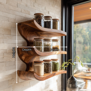 Solid Wood Three Tier Curved Spice Rack with Sculptural Wall Mounted Design