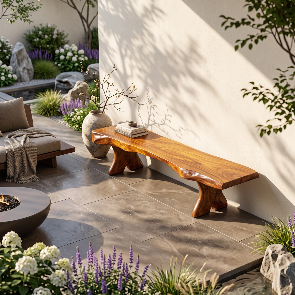 Natural Live Edge Wood Bench with Sculptural Solid Wood Legs