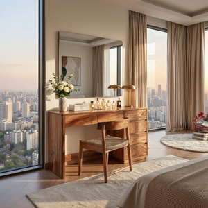 Wood Vanity Table with Side Drawers, Minimalist Dressing Table for Modern Bedrooms