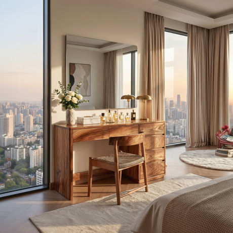 Wood Vanity Table with Side Drawers, Minimalist Dressing Table for Modern Bedrooms