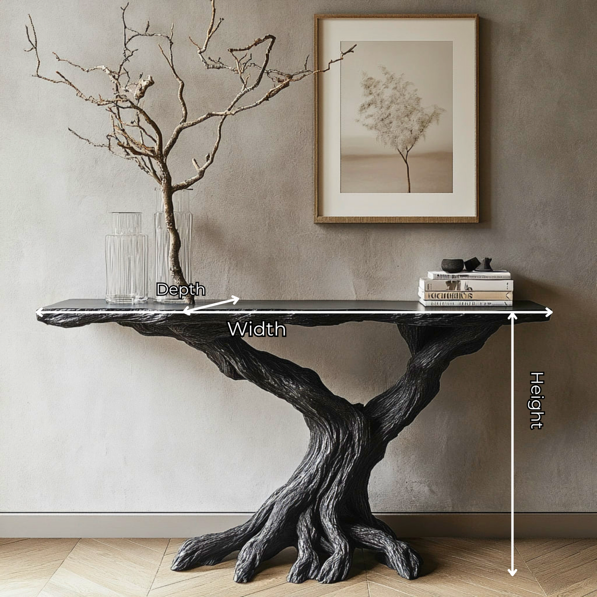 Sculptural Black Wood Console Table with Twisted Root Base