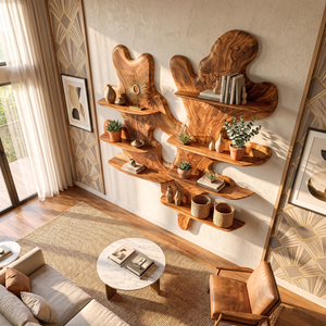 Sculptural Solid Wood Wall Shelf with Organic Leaf Inspired Design