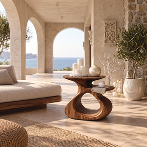 Sculptural Solid Wood Side Table with Open Loop Base and Offset Shelf