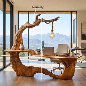 Handmade Organic Solid Wood Desk With Hanging Lamp Sculptural Modern Workspace Table