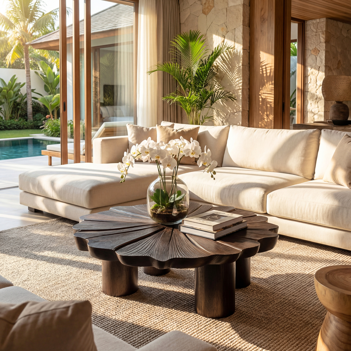 Sculptural Solid Wood Coffee Table with Textured Floral Top