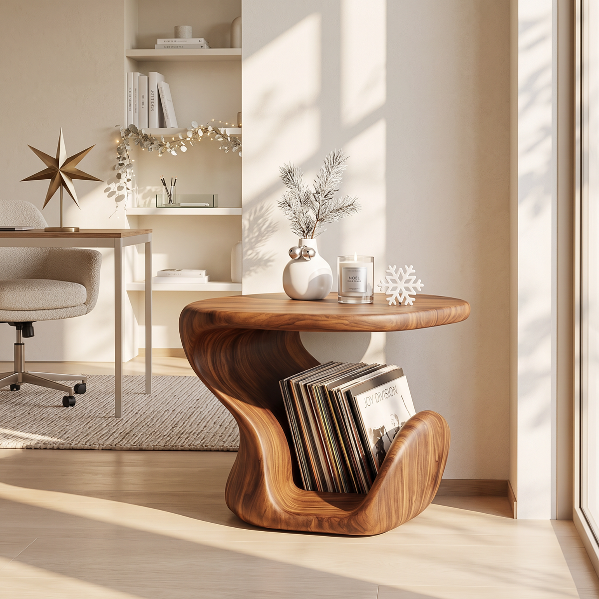 Sculptural Solid Wood Side Table with Curved Vinyl Record Storage