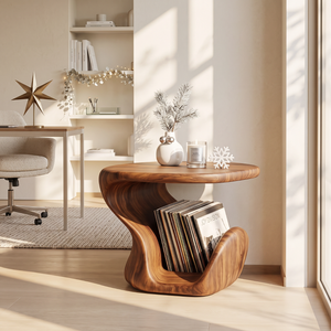 Sculptural Solid Wood Side Table with Curved Vinyl Record Storage