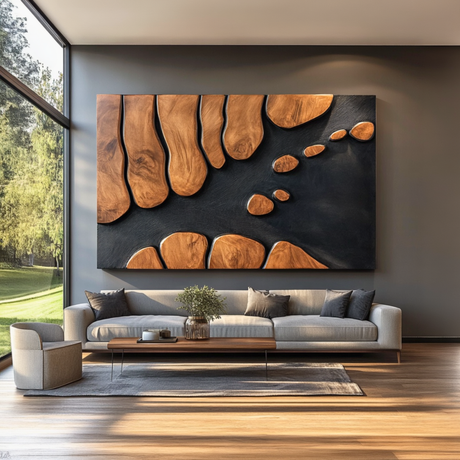 Abstract Sculptural Wood Wall Art Panel with Black Textured Ground