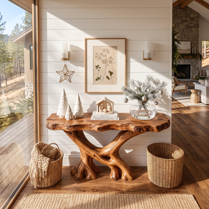 Rustic Solid Wood Console Table with Sculptural Crossed Branch Base