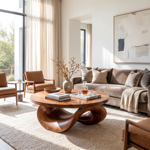 Coffee Table Solid Wood with Sculptural Intertwined Loop Base