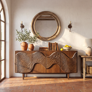 Sculpted Wave Front Wood Sideboard Cabinet for Living Room or Dining Room