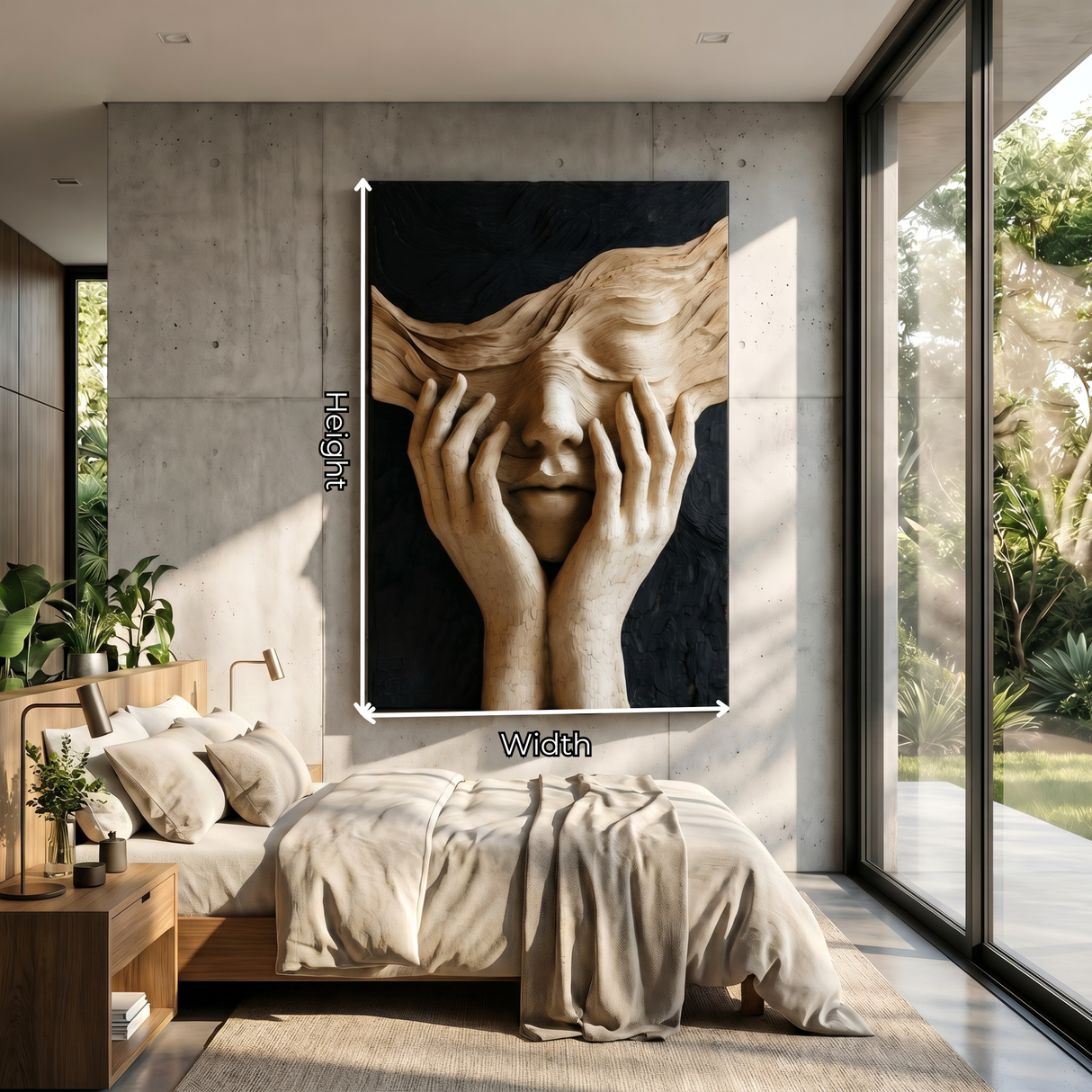 Handcrafted Veiled Face Sculptural Wood Wall Art with Expressive Hands